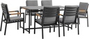Armen Living Royal 7 Piece Black Aluminum and Teak Outdoor Dining Set with Dark Gray Fabric