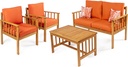 JONATHAN Y LVG1201C-4SET Everly 4-Piece Modern Cottage Acacia Wood Outdoor Patio Set with Cushions and Tropical Decorative Pillows Classic, Coastal, Traditional, Mid-Century, Orange/Teak Brown