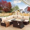 NICESOUL 6 Piece L-Shaped Outdoor Patio Furniture Set with Fire Pit, 29.3" High-Back Sectional Couch with Propane/Natural Gas Firepit Table, All-Weather Comfy Wide Deep Seats Brown Rattan Modular Sofa