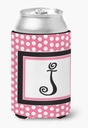 Letter J Initial Monogram - Pink Black Polka Dots Can or Bottle Beverage Insulator Hugger