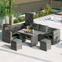 Outdoor 6-Piece All Weather PE Rattan Sofa Set, Garden Patio Wicker Sectional Furniture Set with Adjustable Seat, Storage Box, Removable Covers and Tempered Glass Top Table,Grey