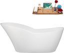 Streamline 67" Freestanding Soaking Bathtub – Glossy White Acrylic Tub with Polished Brass Internal Drain and Bamboo Tray – Modern Oval Design – 65 Gallon Capacity