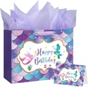 13" Large Mermaid Happy Birthday Gift Bag with Handle, Tissue Paper and Card for Kids Girls (13in Purple)