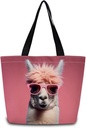 Funny Lama Tote Bag Reusable Grocery Bags Aesthetic Shopping Shoulder Handbag with Interior Zipper Pocket Stylish Funny Alpaca Present for Lama Lovers Women