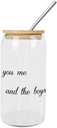 Quotes Glass Cups with Bamboo Lids And Straw 16 Oz, You Me & The Boys Iced Tea Glasses Drinking Glasses Set Tumbler Glass Can Coffee Cups, Drinking Glassware