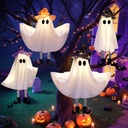 Halloween Decorations Outdoor Indoor,4 Pack Hanging Ghosts Outdoor Halloween Decor,Cute Light Up Witches Hats Ghost Decorations with 3 Light Modes,DIY Arms,Perfect for Tree Porch Yard Window Ceiling