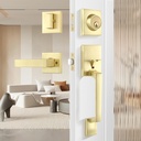 Leydebong Gold Entry Door Handle and Single Cylinder Deadbolt Lock and Key, Brushed Brass Front Door Lock - Heavy Duty Square Locking Lever Set - Exterior Door Handle