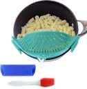 Clip On Kitchen Food Strainer for Spaghetti, Meat, Pasta, & Ground Beef Grease, Colander & Sieve Snaps or Clips Onto Bowls, Pots & Pans Includes Silicone Drainer, Brush & Garlic Peeler (Aqua)