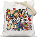 Autism Awareness Puzzle Neurodiversity Tote Bag, Autism Teacher Mom Gifts Canvas Tote Bags, Special Education Teacher Gifts, Love Needs No Words Mental Health Reusable Grocery Shopping Bags