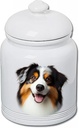 Best of Breed Australian Shepherd Black Tri Dog and Cat Ceramic Treat Jar 9" Tall Air Tight Seal All White