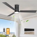 Black 52 inch Ceiling Fan with Light, Remote Control, Flush Mount, Noiseless, Reversible, 6CCT, Dimmable, 6 speeds, Timeable, Low Profile Ceiling Fan with Light for Bedroom, indoor/outdoor