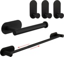 TocTen 5 Pieces Self Adhesive Towel Bar Set, Stainless Steel Bathroom Hardware Set Include Adjustable Towel Rack, Toilet Paper Holder, 3 Towel Hook, No Drill Bathroom Accessory Kit(Matte Black,24IN)