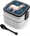 Bento Lunch Box for Women Lunch Containers for Adults Alpaca Llama Double Layered Lunchbox Large Capacity Bento Box with Cutlery for Work Picnic Camping Travel