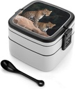 Stackable Double-Layer Bento Box African Leopard on Rock Adults Lunchbox with Spoon Cute Japanese Bento Box Dishwasher Safe for Work Travel Dining Outc