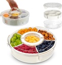 Divided Rotating Serving Tray with Lid and Handle,Portable Snackle Box Container,6 Compartment Snack Container for Candy,Nuts,Cookies,and Fruit, Ideal for Party,Travel and Beach