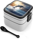 Adult Double-Layer Bento Box Beautiful Dolphin Portable Lunch Box with Spoon And Invisible Handle Leakproof Microwave-Safe Food Container for Work Travel Camping