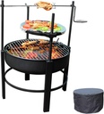 Outdoor Fire Pits 26inches Round Metal Wood Burning Firepit with 2 Grills and 1 Rotisserie Kit with Turkey Roast Fork Removable Cooking Grill for Camping Heating Bonfire BBQ and Picnic