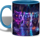 Magical Cat Mug, 11oz Ceramic Coffee Cup with Colorful Glowing Cats, Crystal Necklace, Fantasy Animal Design, Gift for Cat Lovers and Fantasy Fans