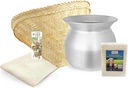 Sticky Rice Essential Starter Set - Includes Steamer Pot, Handcrafted Bamboo Wing Basket, 24” Grade 90 Cheesecloth, & 500 g. Sanpatong Sticky Rice