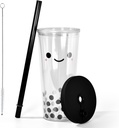 sweet grain Boba Cup, 24 oz Smile Iced Coffee Cup, Leak Proof and Double Wall Bubble Tea Cup, Mothers Day, Birthday Gift for Women Friend Sister Her Coffee Lover (Black)
