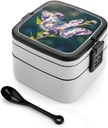 White Purple Butterflies Stackable Bento Box Double-layered Leak-Proof Lunch Box 1L Capacity Portable Lunchbox Durable Drop-Proof for Work Picnic Travel