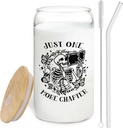 Book Lovers Gift Ideas - Funny Skeleton Glass Cup with Lids and Straws 14oz, Book Club Gifts, Bookish Gifts, Just One More Chapter Glass Coffee Tumbler Drinking Jars with Cleaning Brush
