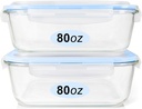 Glass Food Storage Containers Set, Large Size Containers with Lids, BPA-free Locking lids, 100% Leak Proof Glass Meal Prep Containers, Freezer to Oven Safe (2 Pack of 80oz)