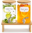 1 Gallon Glass Drink Dispenser for Parties. 2 Pack Glass Beverage Dispenser with Bamboo Stand,18/8 Stainless Steel Spigot and Bamboo Lid, 8 Waterproof Labels.Usde as Lemonade,Iced& Hot Drinks.
