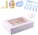 Mayata 10pcs White Bakery Boxes with Window Cake Box for Pastries, Cookies, Pie, Cupcakes, comes with cake cutlery cake stickers and cake ribbons (12 Holders Cake Carrier(32.5X25X9cm)))
