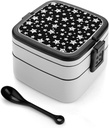 Black and White Star Pattern Lunch Box with Handle Stackable 2 Layer Leak-Proof Bento Box Portable Food Containers for Unisex
