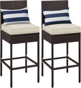Yaheetech Set of 2 Patio Bar Stools, Outdoor PE Rattan Bar Height Chairs with Cushions & Footrests & Backrest for Indoor, Outdoor, Backyard, Porch, Max.Load 300Lb, Brown/Beige