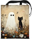 Cat Ghost Floral Canvas Tote Bag for Women Spooky Aesthetic Reusable Grocery Shoulder Bag for Shopping Work Travel Beach