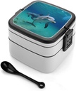 Bento Lunch Box for Women Lunch Containers for Adults Dolphins Underwater Double Layered Lunchbox Large Capacity Bento Box with Cutlery for Work Picnic Camping Travel
