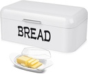 Flexzion Metal White Bread Box for Kitchen Countertop, Vintage Bread Holder for Rustic Kitchen, Bagel Bin Loaf Storage Keeper, Sliced Bread Container with Butter Dish and Butter Knife