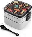 Mushroom Bento Box Adult Lunch Box All-in-One Lunch Containers with Removable Compartments Double Layer Bento Lunch Box with Spoon And Handle Stackable Lunchbox