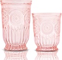 Vintage Sunflower Emboss Pink Glassware Set - 6 Tumblers & 6 Small Cups - Matching Pink Drinking Glasses for Party