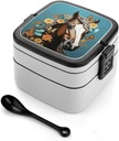 A Horse with Flowers And Butterflies Bento Box with Compartments Double Layer Bento Lunch Box with Spoon And Handle All-in-One Adult Lunchbox Leakproof Lunch Container for Work Picnic Travel