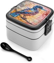 Bento Lunch Box for Women Lunch Containers for Adults Ink Style Bird Double Layered Lunchbox Large Capacity Bento Box with Cutlery for Work Picnic Camping Travel