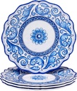 Veranda 11-Inch Melamine Dinner Plates, Set of 4 – Elegant Blue and White Floral Scroll Design – Durable, Lightweight, Dishwasher Safe Plates for Everyday Dining or Outdoor Entertaining