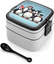 All-in-One Bento Box Stackable Leak-Proof Lunch Box With Carry Handle 2 Layer Portable Meal Prep Container Cute Penguins Lunchbox with Utensils for Dining Out Work