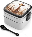 Cute Cartoon Funny Giraffes Bento Box Adult Stackable 2 Layers Containers Reusable Leakproof Lunch Containers for Adults Travel 33oz Lunchbox with Spoon Portable Bento Boxes, Microwave Dishwasher Safe