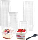 100 Pack 8OZ Plastic 50Pcs Square Dessert Cups with Lids and 50Pcs Spoons,Square Ice Cream Container with Forks, Disposable Parfait Cups for Mousse Cupcake Pudding Snacks Yogurt Parfait Fruits（50Sets）
