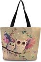 Owl Tote Bag Reusable Grocery Bags Aesthetic Shopping Shoulder Handbag with Interior Zipper Pocket Stylish Owl Pattern Present for Women