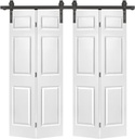 72 in. x 80 in. Hollow Core 6 Panel Primed MDF Composite Double Bi-Fold Barn Doors with Sliding Hardware Kit
