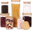 Glass Storage Canister with Wooden Lid, Set of 7 Square Glass Jars with Bamboo Lids, Glass Food Storage Containers for Pasta, Cereal, Flour, Sugar, Best for Kitchen & Pantry