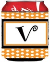 Caroline's Treasures CJ1033-VCC Letter V Initial Monogram - Orange Polkadots Can or Bottle Hugger Cooler Washable Drink Sleeve Collapsible Beverage Insulated Holder, Can Hugger, Multicolor