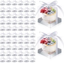 Eaasty 100 Pieces Individual Clear Cupcake Boxes 3.5 Inch Plastic Silver Cupcake Containers Single Cookie Carrier with Inserts and Ribbon Transparent Cupcake Holder for Wedding Birthday Party Favors