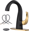 WOWOW Single Handle Bathroom Faucet 1 Hole High Arc Bathroom Basin Faucet Black and Gold with Pop-up Drain, Solid Brass Commercial Bathroom Sink Basin Vanity Bar Faucet (Patented Product)