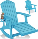 ZHUSI Adirondack Rocking Chair Outdoor with Retractable Ottoman and Cup Holder, Adirondack Chairs with Footrest, Wood-Like Porch Rocker for Patio，Backyard, Garden (Blue, 1 PC)