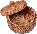 Small Rattan Basket Organizer with Lid for Bread, Woven Food Snacks Basket, Multipurpose Storage Basket for Cotton Swabs, Round Controller Table Organizer Box